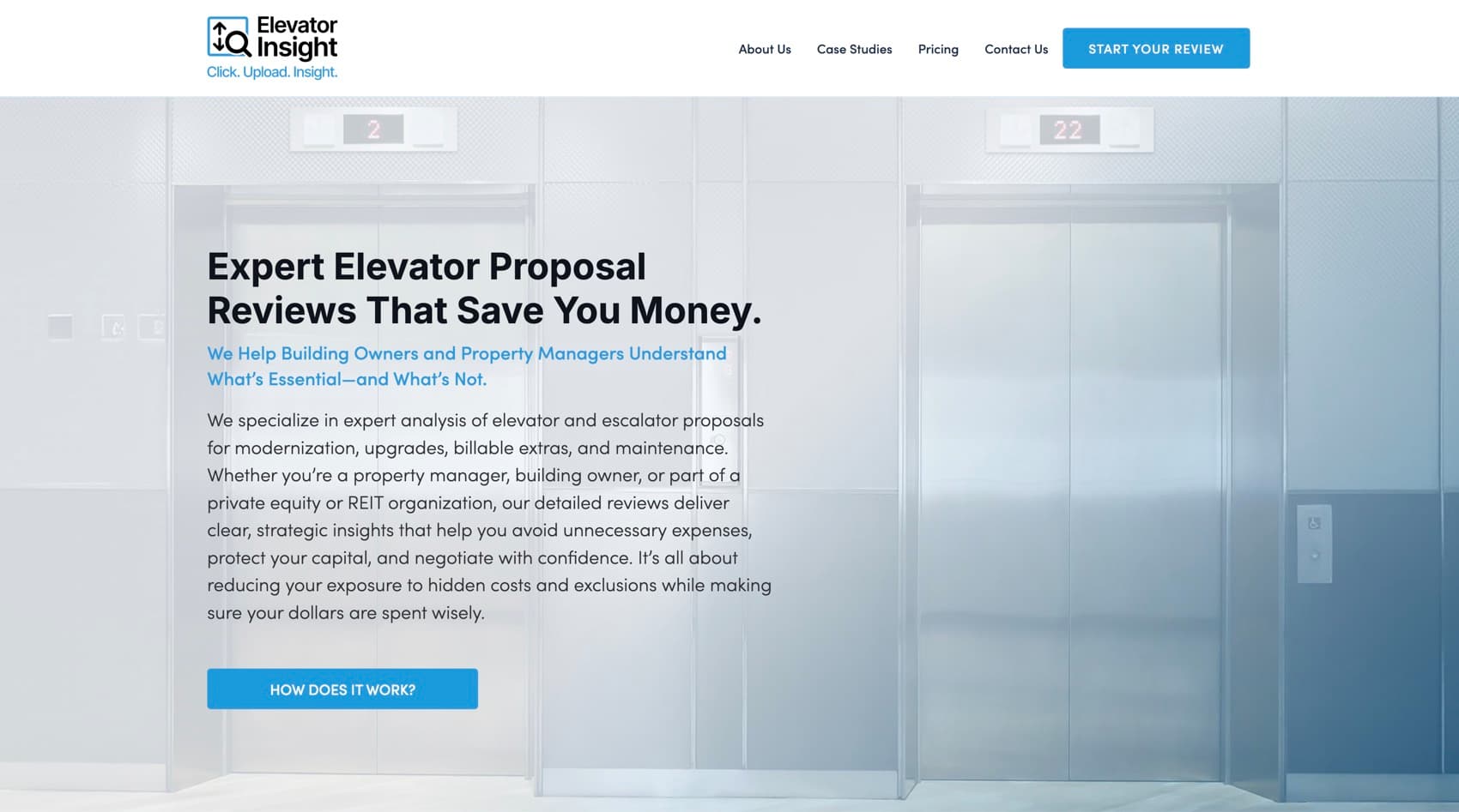 The previous Elevator Insight WordPress homepage built on the Cornerstone page builder.